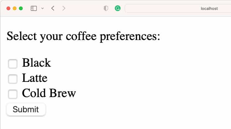 A webpage with a checklist labelled as "Select your coffee preferences" with three options: "Black"; "Latte"; and "Cold Brew".